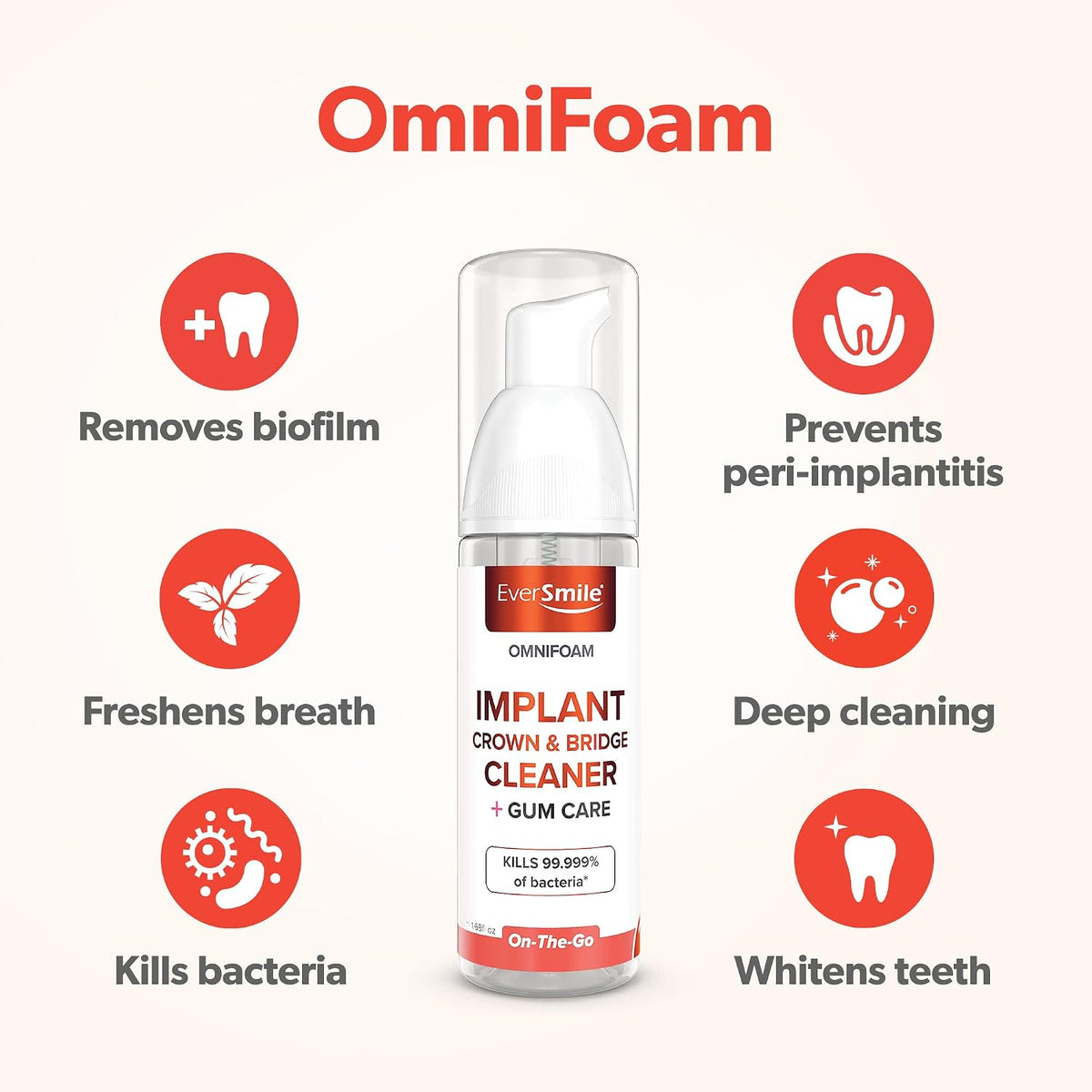 Eversmile OmniFoam Dental Cleaner – Cleaning Foam for Implants, Crowns, and Bridges – Pack of 2, 50ml Bottle