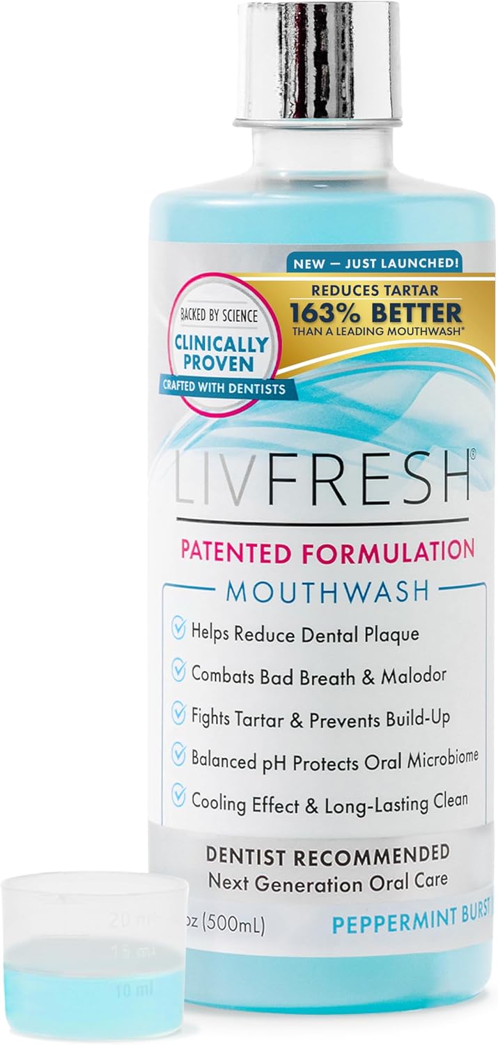 LIVFRESH Mouthwash, Clinically Proven, 163% Better Tartar Control, 72% Better Plaque Reduction, 38% Better at Eliminating Bad Breath, Peppermint Burst, 16.9 fl oz