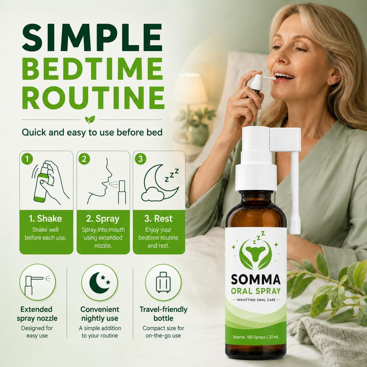 Somma Oral Spray, Fresh Mint Flavor, Extended Nozzle, 22 mL