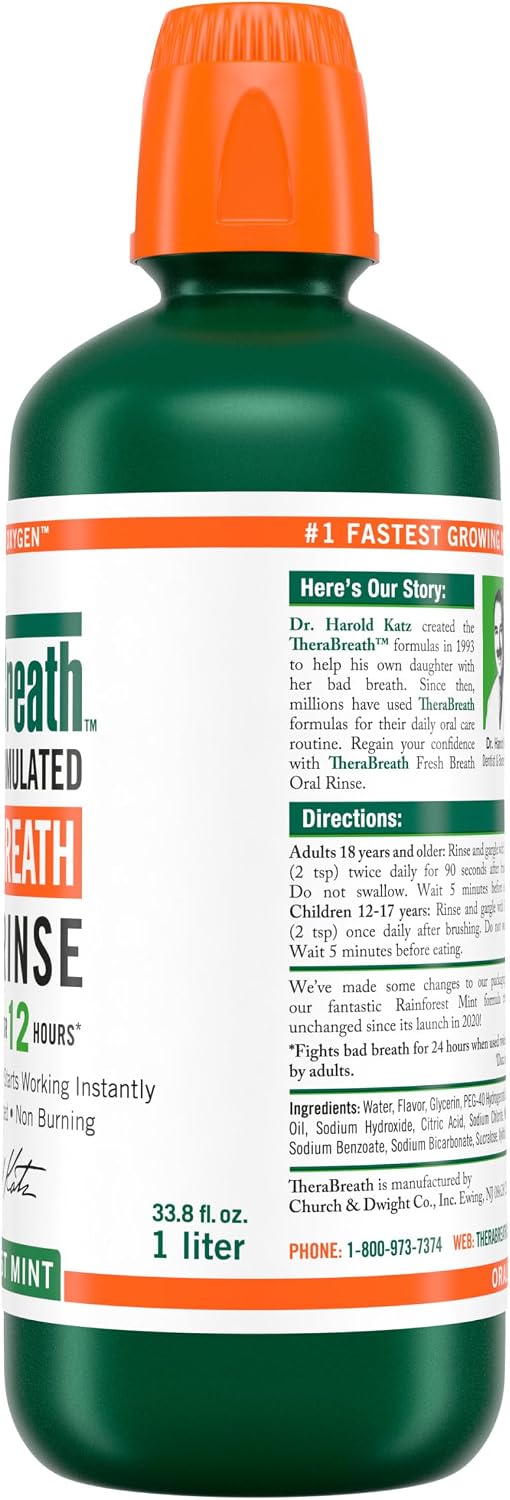 TheraBreath Fresh Breath Mouthwash, Rainforest Mint, 33.8 oz