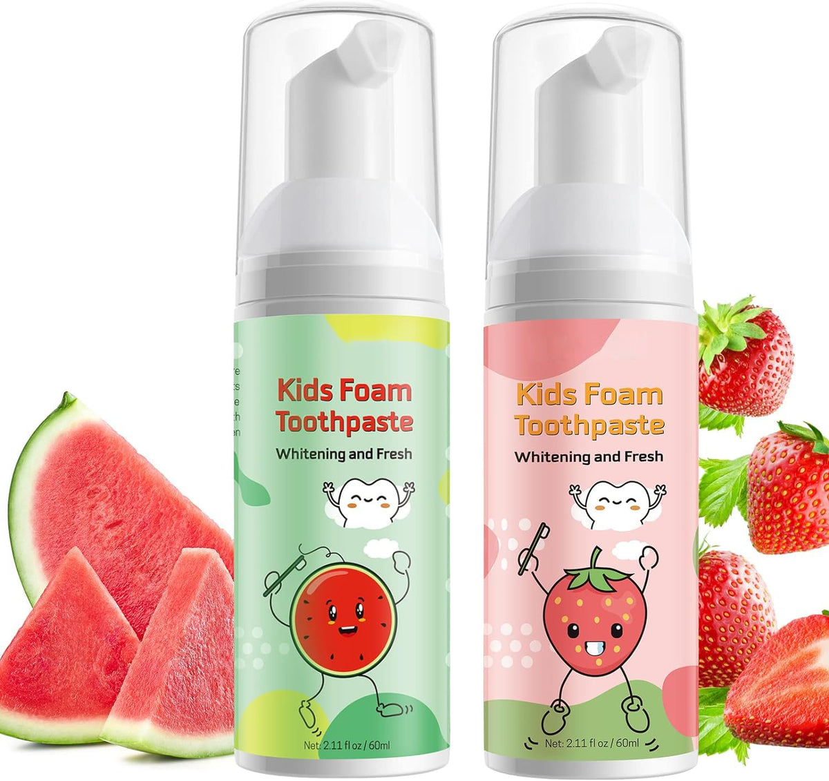Foam Toothpaste Kids 2PCS, Toddler Toothpaste Cavity Protection, Clean and Whitening, 360ºCare, Portable, Kids Foam Toothpaste with Fluoride for Electric U-Shape Toothbrushes(Strawberry & Watermelon)