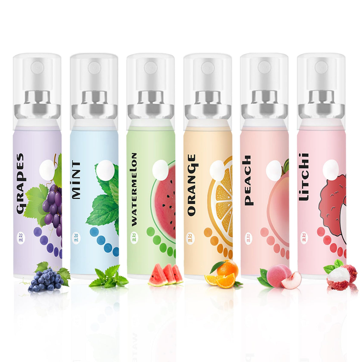 6PCS Fresh Breath Spray,Fruity Flavour Mouth Spray Freshener Spray Set for Mouth,Peaches,Oranges,Watermelon,Grapes,Lychee