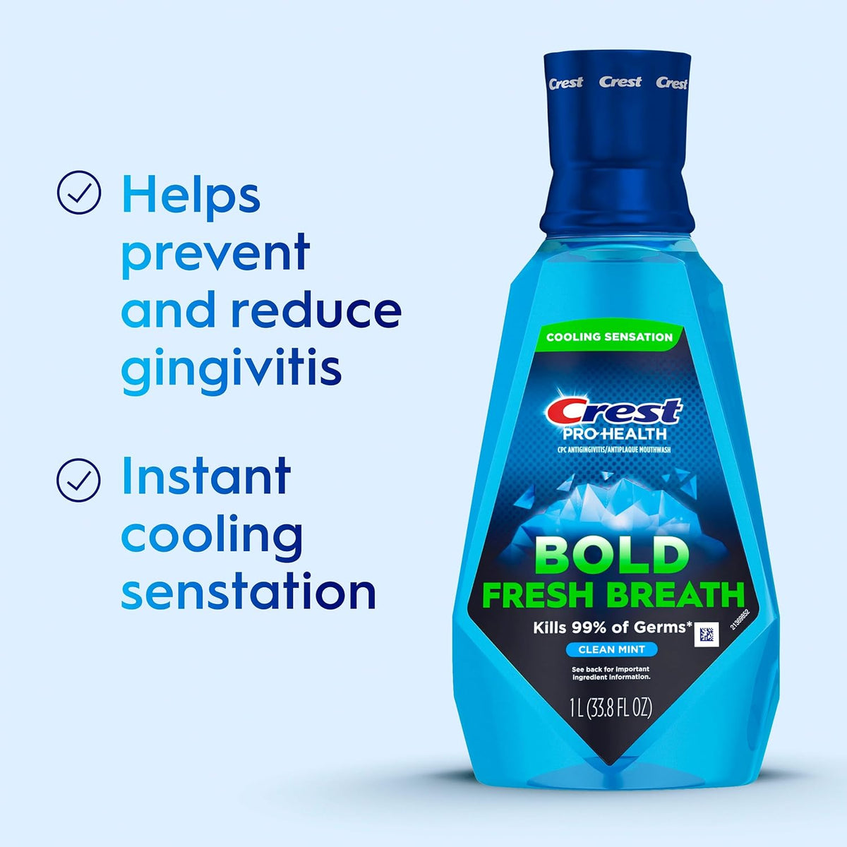 Crest Mouthwash Pro-Health Bold Fresh Breath, 99% Germ Kill, Antigingivitis & Antiplaque, Clean Mint - 1 L (33.8 fl oz), Pack of 2
