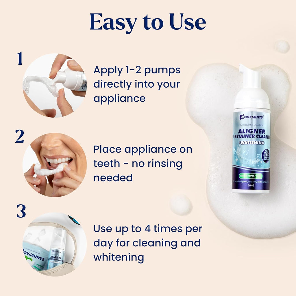 Movemints Aligner & Retainer Cleaning Foam + Whitening – Orthodontist-Developed, 25 mL
