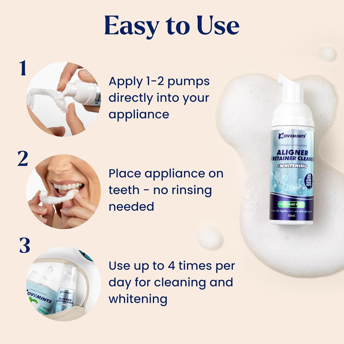 Movemints Aligner & Retainer Cleaning Foam + Whitening – Orthodontist-Developed, 25 mL