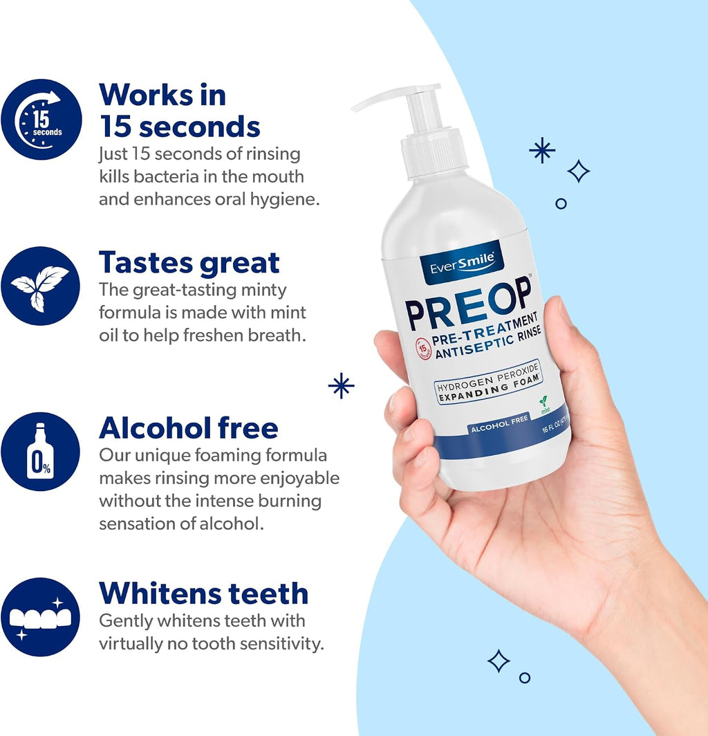 EverSmile PreOp Foaming Rinse – Deep Clean Mouthwash with Hydrogen Peroxide – Alcohol Free Rinse to Mouth Wash Daily & Before Treatment – Helps Heal Canker Sores – 100 Uses Per 16oz Bottle (1 Pack)
