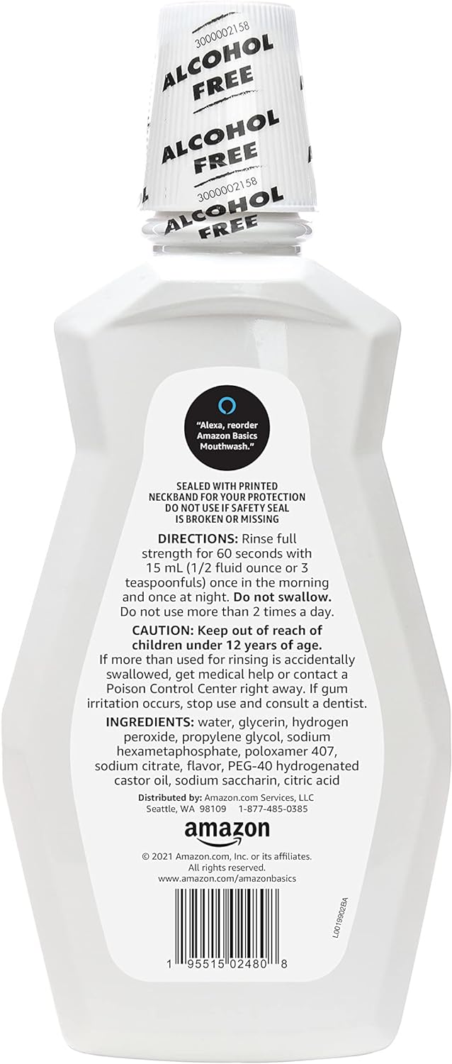 Amazon Basics Teeth Whitening Mouthwash, Alcohol-Free, Clean Mint, Breath Freshener, 32 Fluid Ounces, 1-Pack (Previously Solimo)