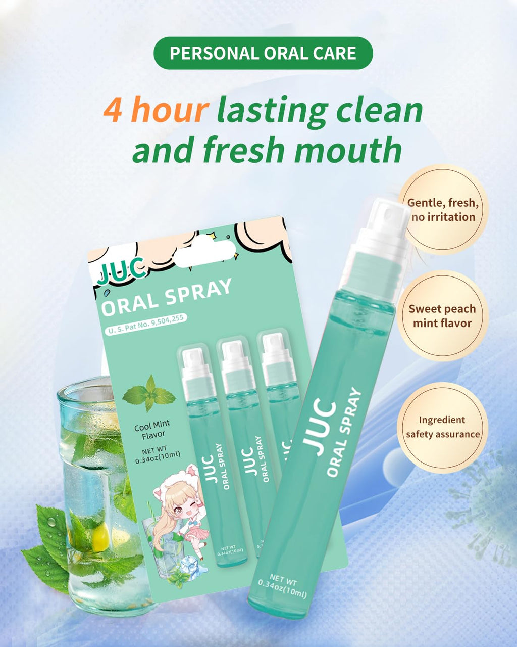 3 Count Mint Breath Spray Mouth Freshener Oral Care for All Ages 0.33OZ (10ML) Cool Mint Flavor