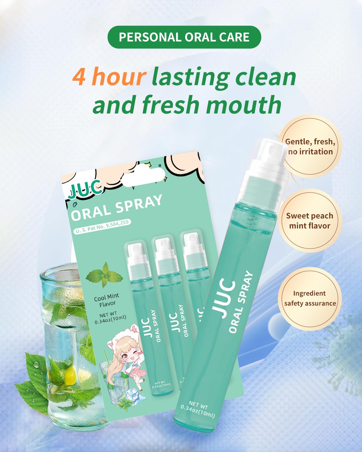 3 Count Mint Breath Spray Mouth Freshener Oral Care for All Ages 0.33OZ (10ML) Cool Mint Flavor