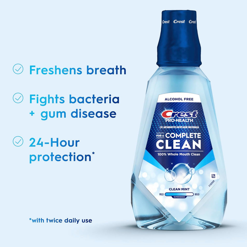 Crest Mouthwash Pro Health Complete Clean, CPC (cetylpyridinium chloride) Antigingivitis/Antiplaque, Alcohol Free, Clean Mint, 1 L (33.8 fl oz)