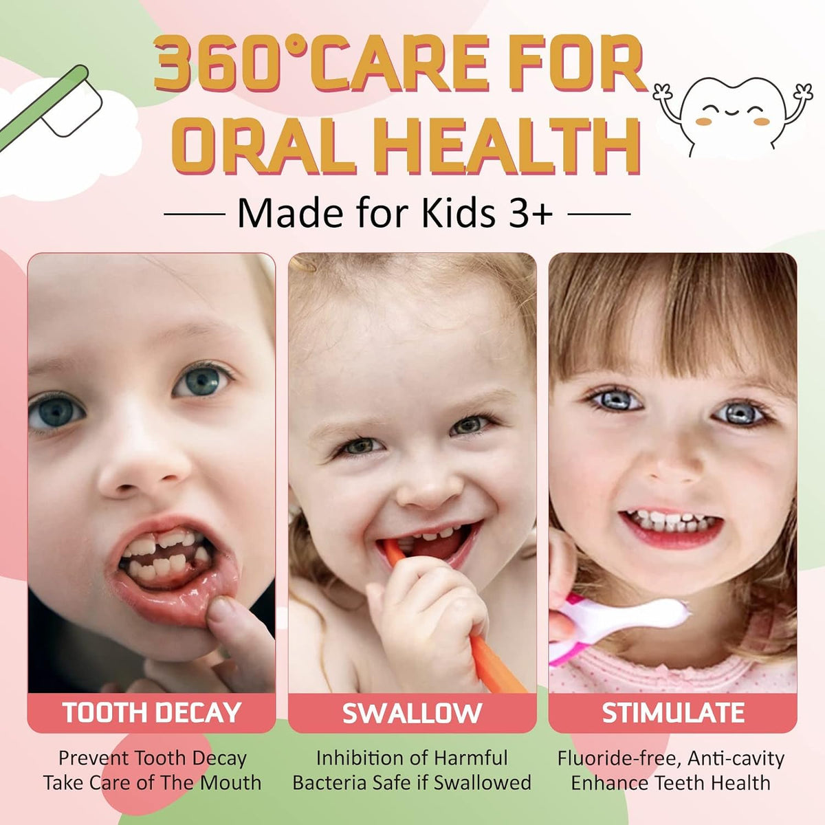 Foam Toothpaste Kids, Kids Mouthwash with Fruit Flavor - Toddler Toothpaste Age for Children,360ºCare Natural Anti-Cavity Formulas with Fluoride for Electric & U-Shape Toothbrushes