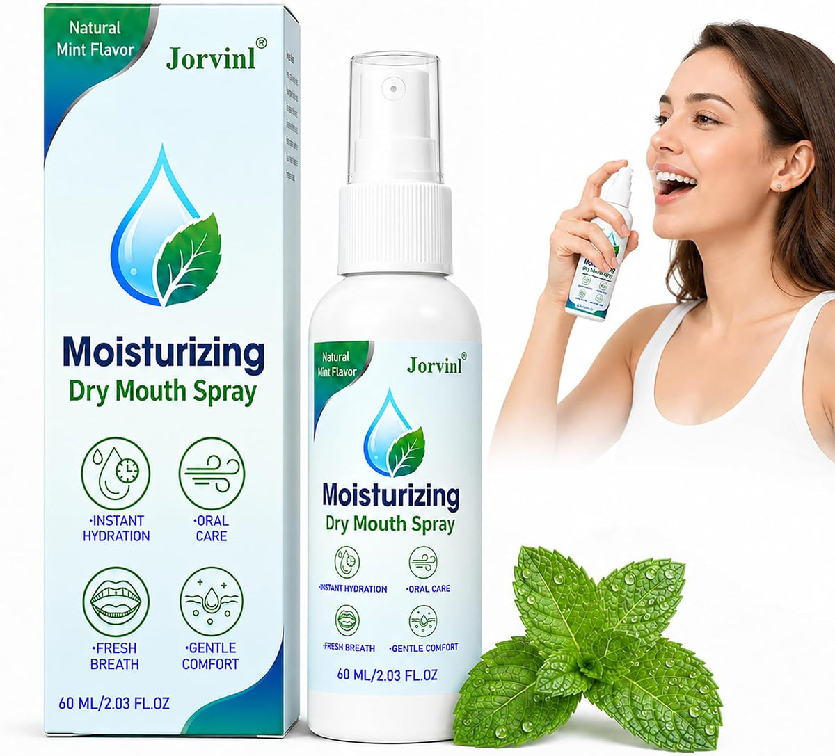 Dry Mouth Spray, Oral Moisturizing Spray for Dry Mouth Comfort, Alcohol Free & Sugar Free with Xylitol, Sodium Hyaluronate & Aloe, Natural Mint Fresh Breath Spray for Adults, 60ml