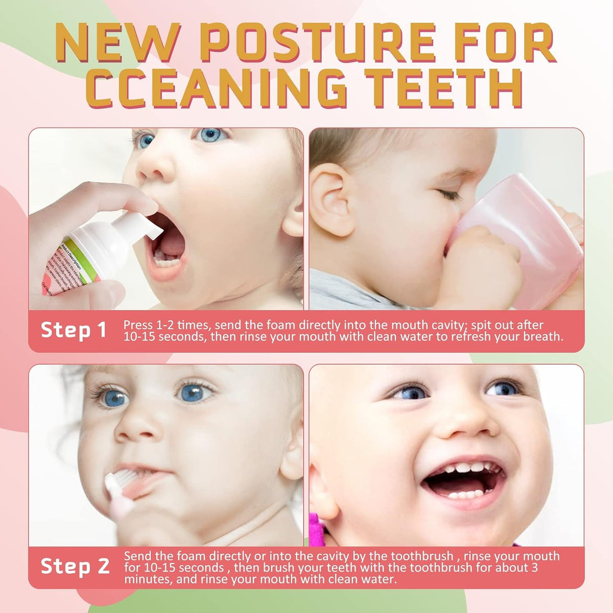 Foam Toothpaste Kids 2PCS, Toddler Toothpaste Cavity Protection, Clean and Whitening, 360ºCare, Portable, Kids Foam Toothpaste with Fluoride for Electric U-Shape Toothbrushes(Strawberry & Watermelon)
