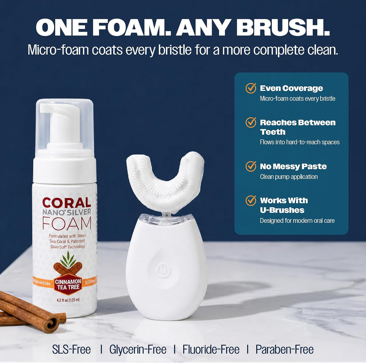 Fluoride Free Foam Toothpaste — Coral Calcium & Nano Silver Whitening Toothpaste for Sensitive Teeth, Xylitol Remineralizing, SLS & Glycerin Free, Made in USA, Cinnamon Tea Tree, 4 oz