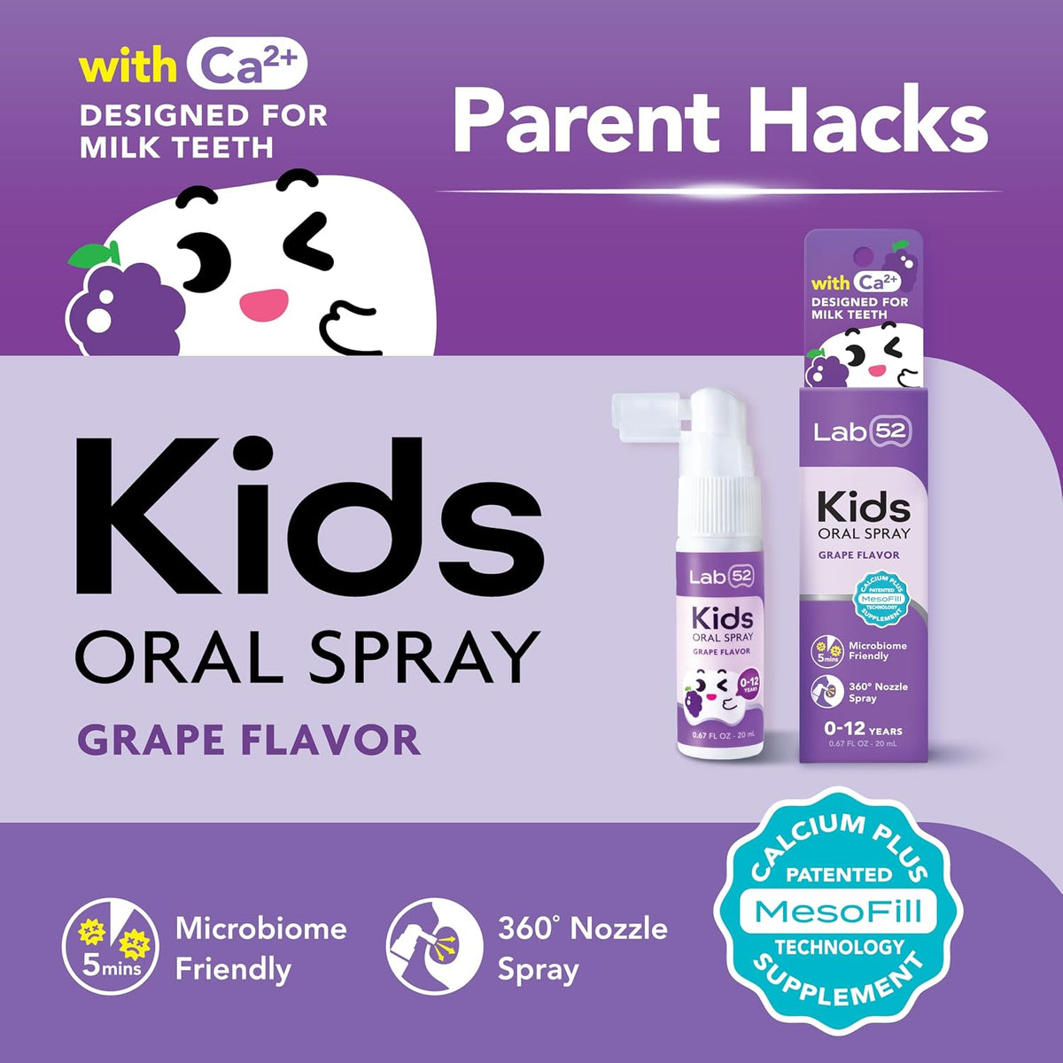 LAB52 Kids Oral Spray, Toothpaste Helper Fluoride Free, Xylitol Grape