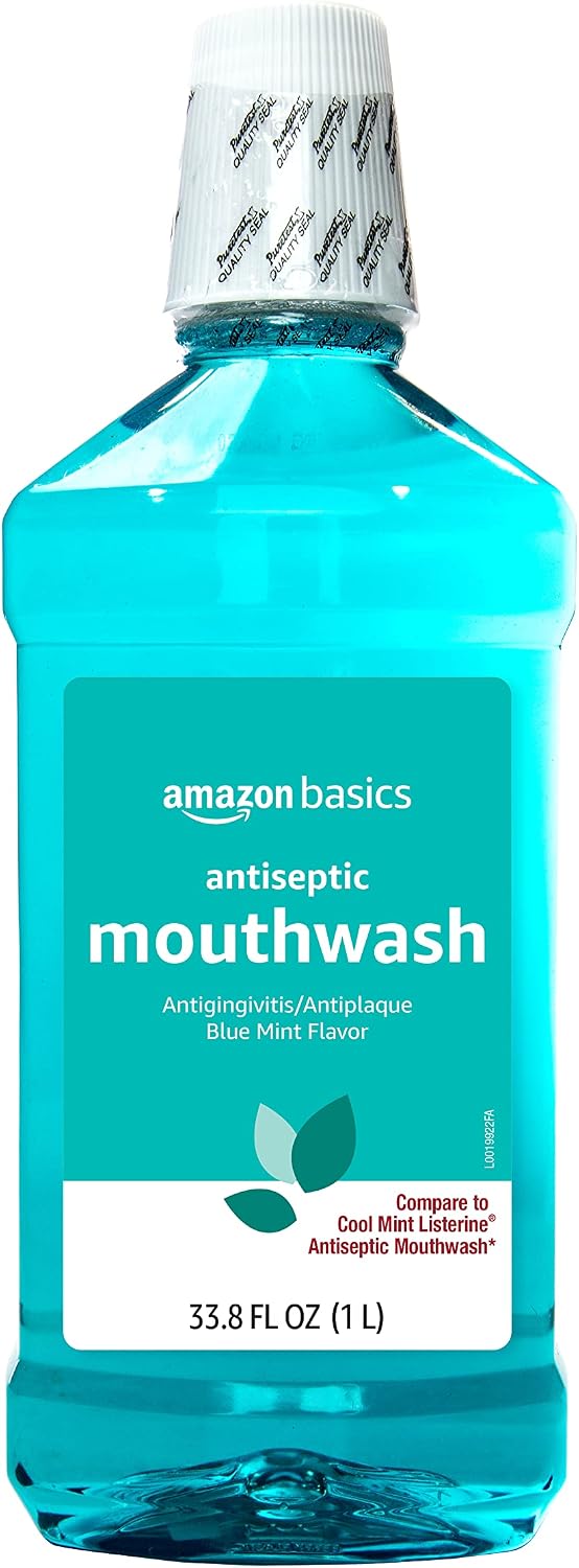 Amazon Basics Antiseptic Mouthwash, Blue Mint, Fights Bad Breath, Plaque and Gingivitis, 1 Liter, 33.8 Fl Oz, 1-Pack (Previously Solimo)