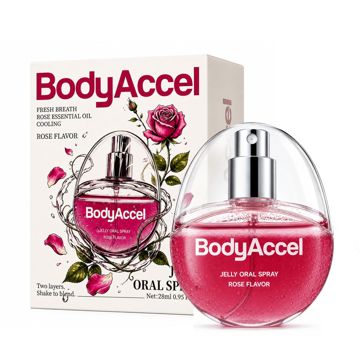 BodyAccel Jelly Oral Spray for Fresh Breath, Alcohol-Free Breath Spray with Probiotics, Refreshing Rose Mint Mouth Spray for Everyday Oral Care, Pocket Size Breath Freshener, Travel-Friendly, 28 mL