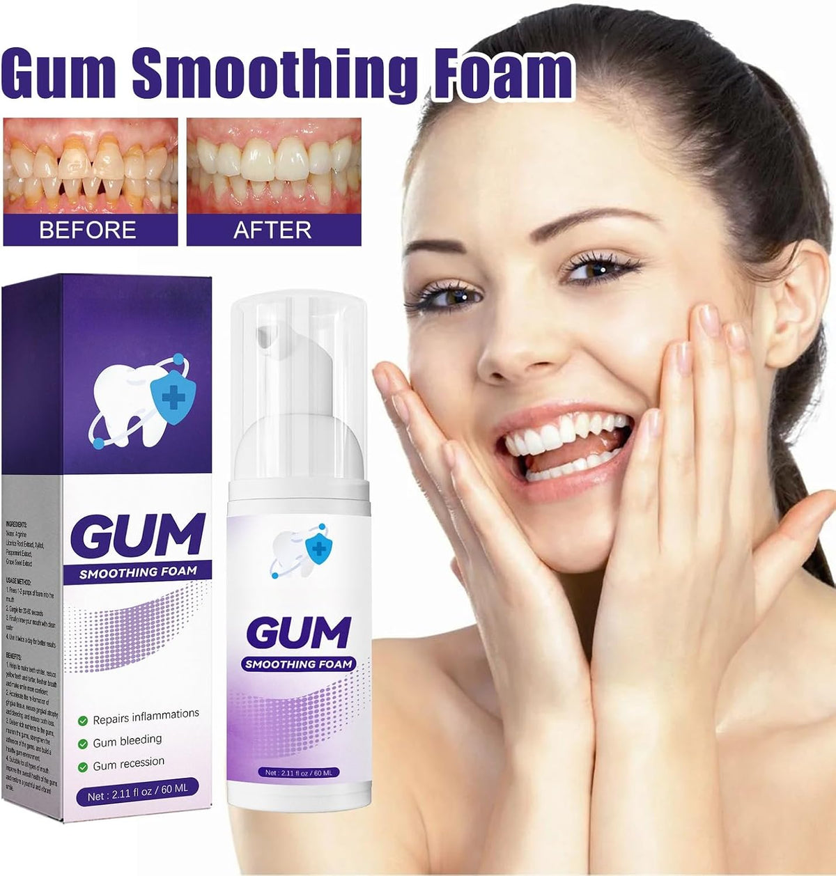Gum Care Foam Mousse with Arginine & Licorice Extract - Oral Hygiene, Teeth Whitening & Comfort Support(2pcs)