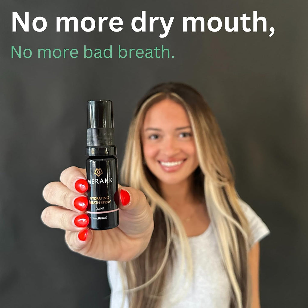 MERAKK Dry Mouth Spray and Breath Spray for Bad Breath - Hydrating Mouth Spray for Fresh Breath - Sugar-Free Breath Freshener Oral Spray with Xylitol & Stevioside - Dentist Designed, Mint, 0.3 fl. Oz.