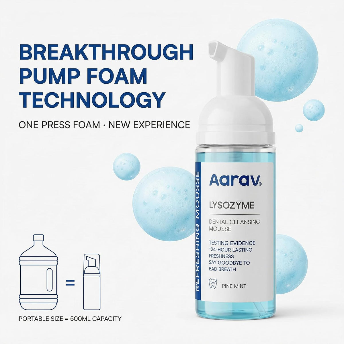 Aarav Lysozyme Dental Cleansing Mousse, No-Rinse Foam Mouthwash, 24-Hour Fresh Breath, Pine Mint Flavor