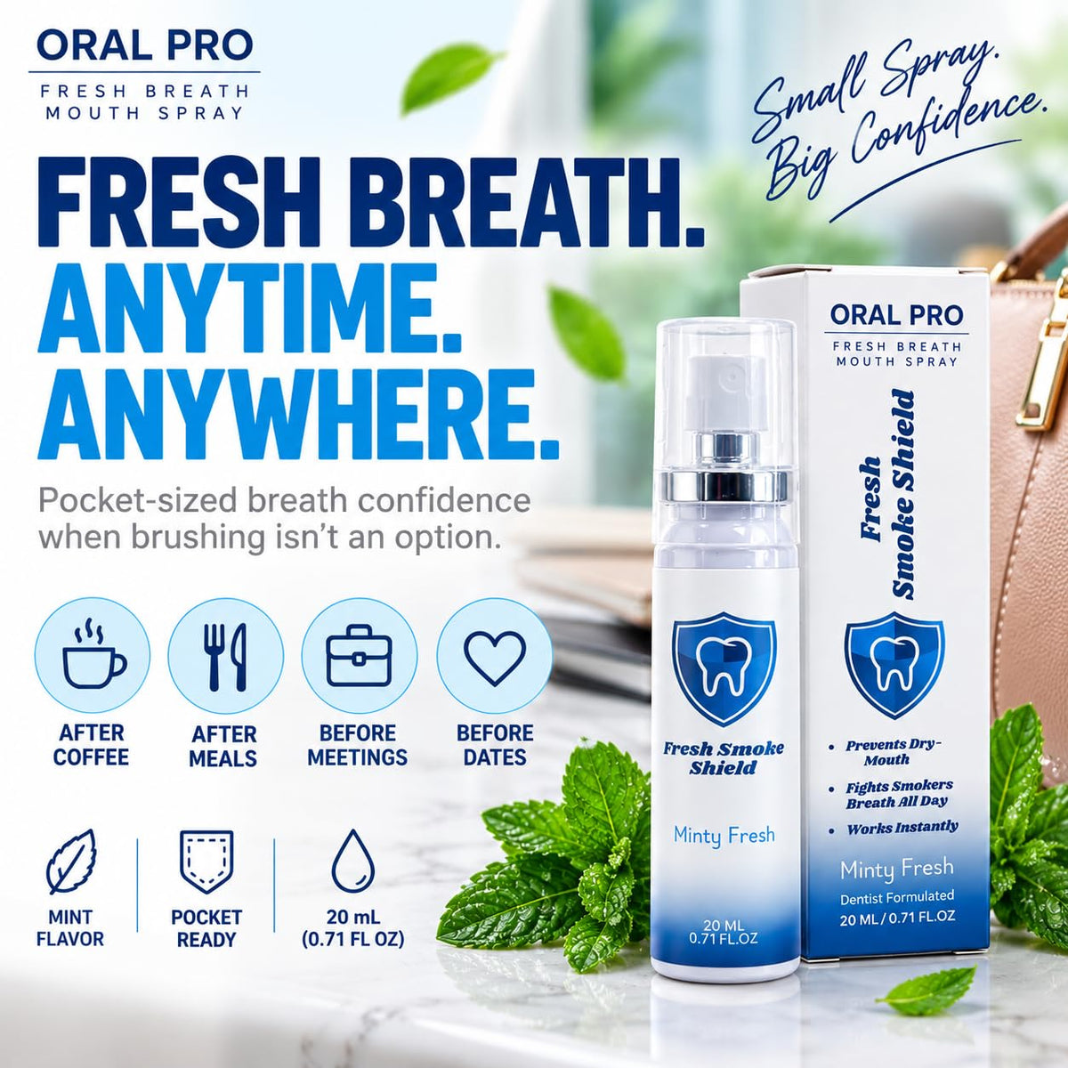Fresh Breath Spray for Bad Breath – ORAL PRO Pocket-Size Mint Mouth Spray, Portable Breath Freshener for After Coffee & Meals, Travel & On-the-Go Use, 20 mL