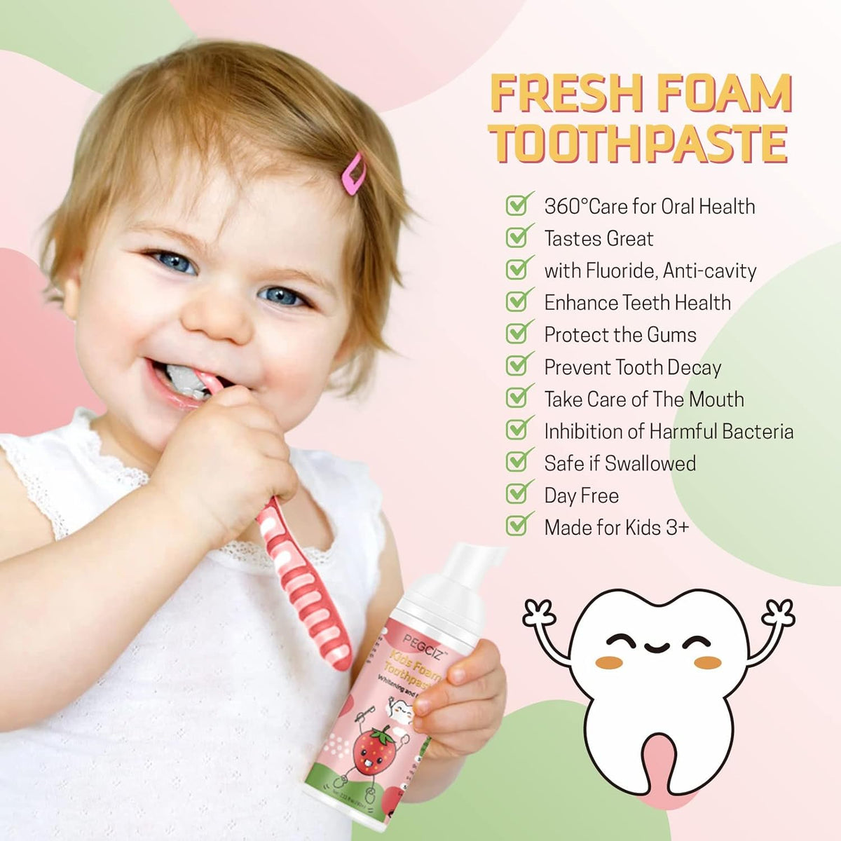Foam Toothpaste Kids 2PCS, Toddler Toothpaste Cavity Protection, Clean and Whitening, 360ºCare, Portable, Kids Foam Toothpaste with Fluoride for Electric U-Shape Toothbrushes(Strawberry & Watermelon)