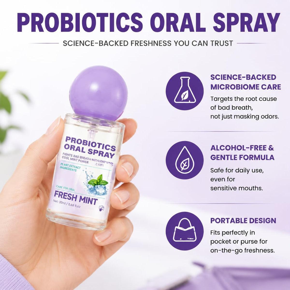 Probiotic Oral Spray for Long-Lasting Cool Freshness,Travel-Sized 0.68oz