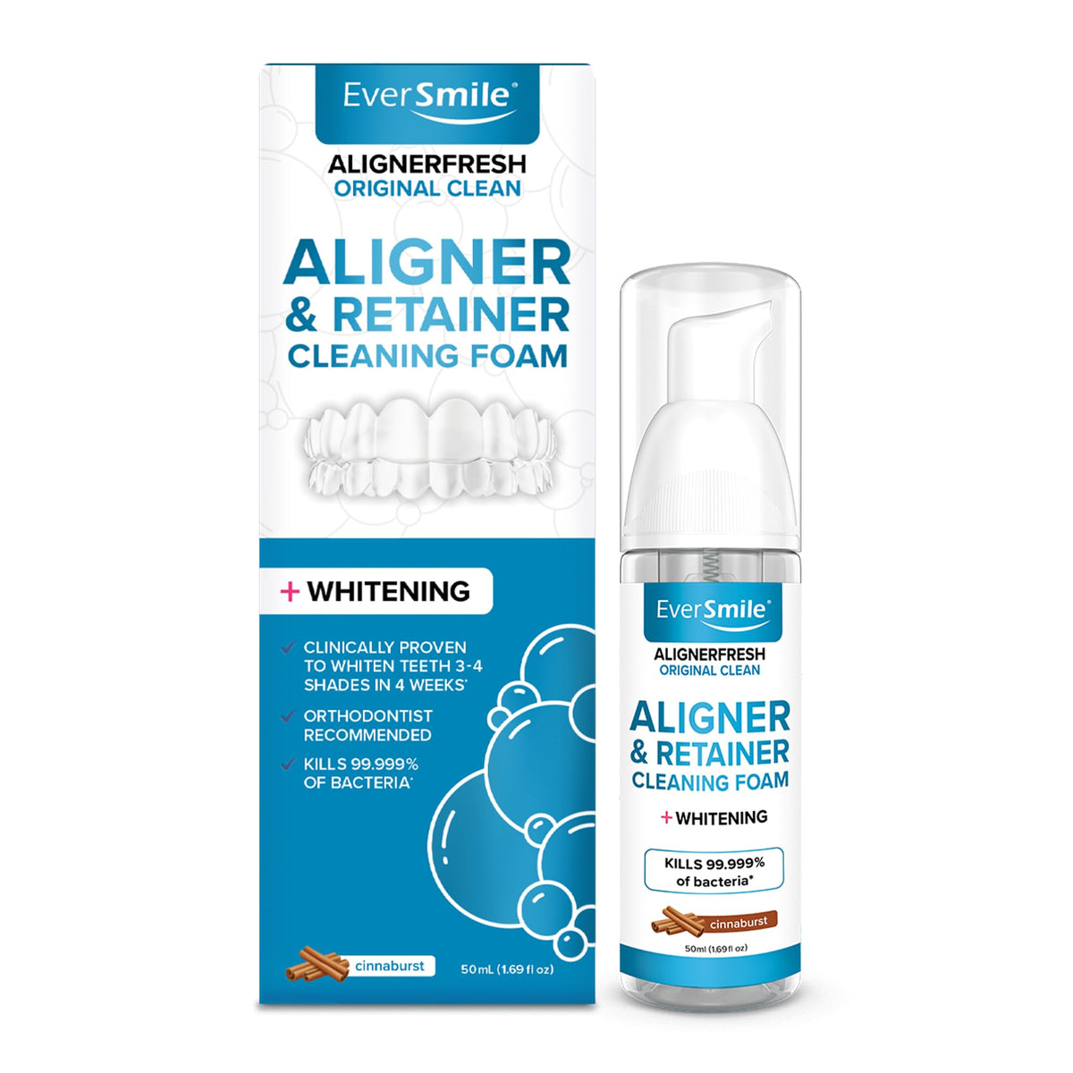 EverSmile AlignerFresh Original Clean Foam – Cleaner Compatible w/Invisalign and All Clear Aligners & Retainers – Eliminates Bacteria, Whitens Teeth, Fights Bad Breath – 50ml (1 Pack)