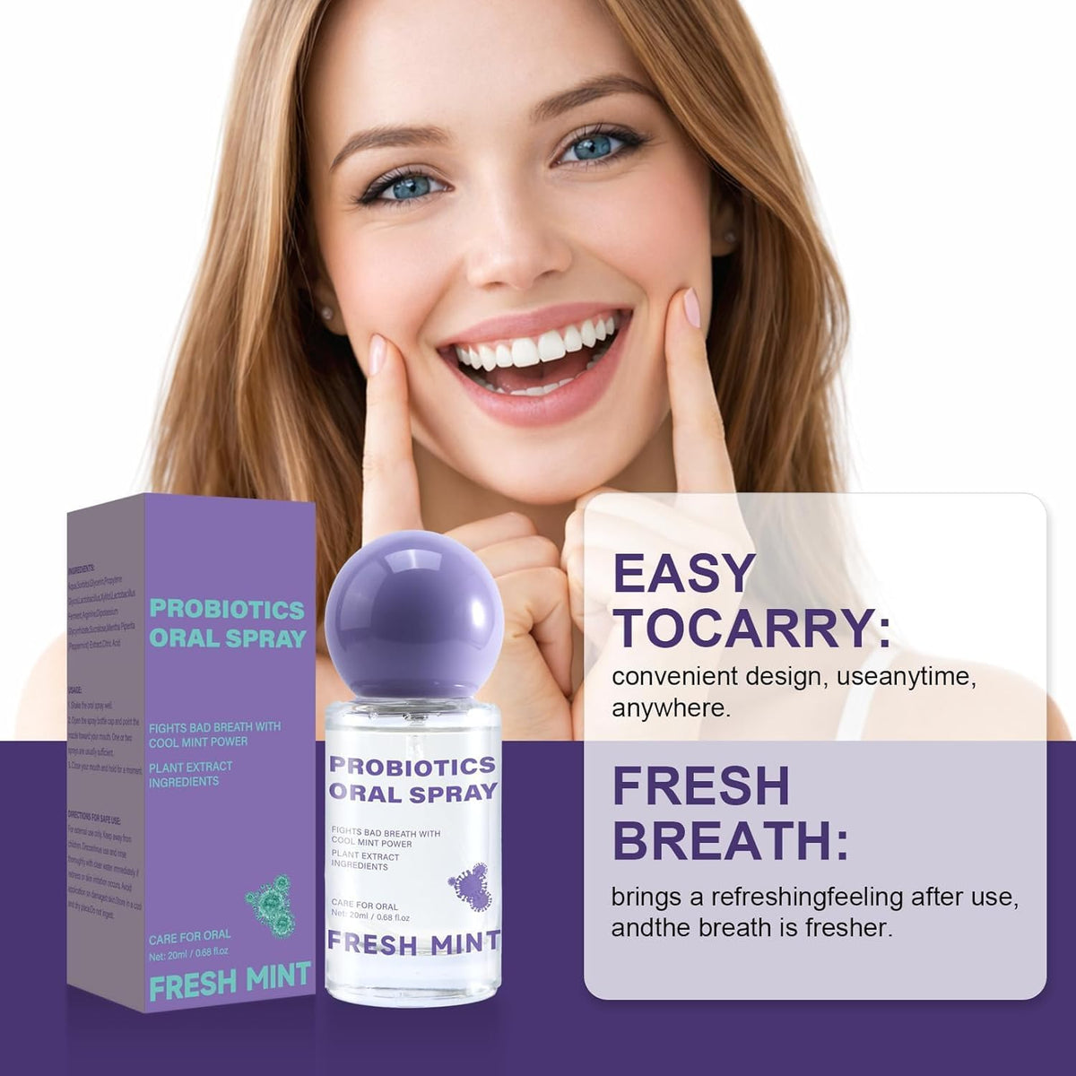 Probiotic Oral Spray for Long-Lasting Freshness, Oral Spray with Probiotics for Breath Care, Gentle, Convenient Travel-Sized Breath, 20ml/0.68oz