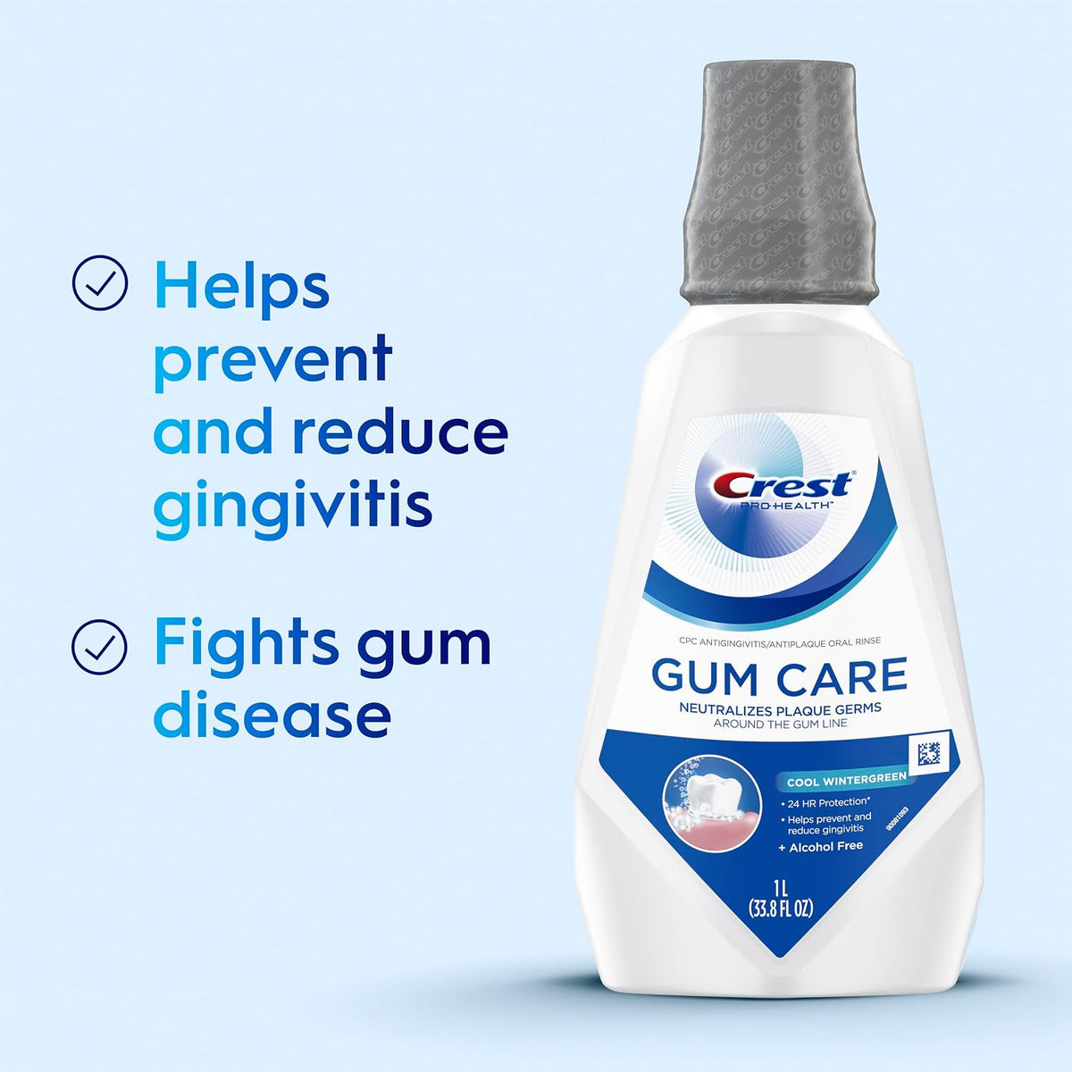Crest Gum Care Mouthwash, Cool Wintergreen, CPC Antigingivitis/Antiplaque Oral Rinse 1L (33.8 fl oz), Pack of 2, Alcohol Free for Adults