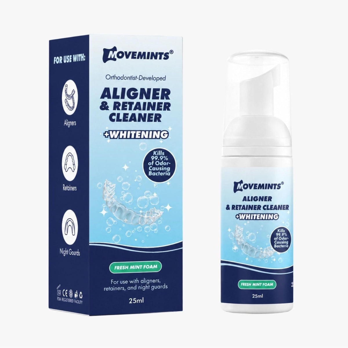Movemints Aligner & Retainer Cleaning Foam + Whitening – Orthodontist-Developed, 25 mL