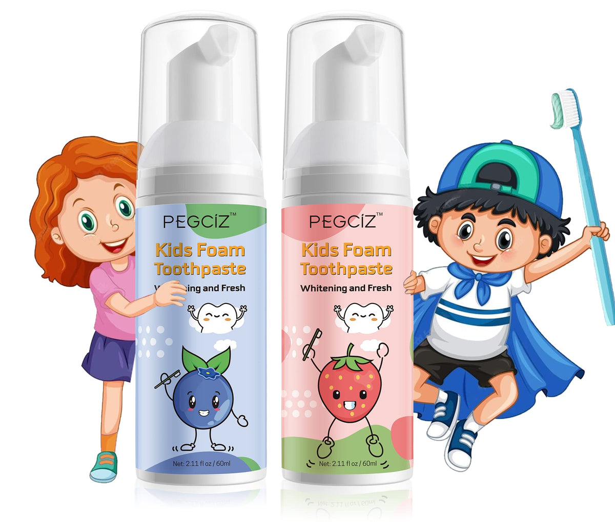 Foam Toothpaste Kids, Toddler Foam Toothpaste with Low Fluoride for U Shaped Toothbrush, Foaming Toothpaste and Mouthwash for Dental Care for Children Kids Age for 3 and Up (Strawberry+Watermelon)