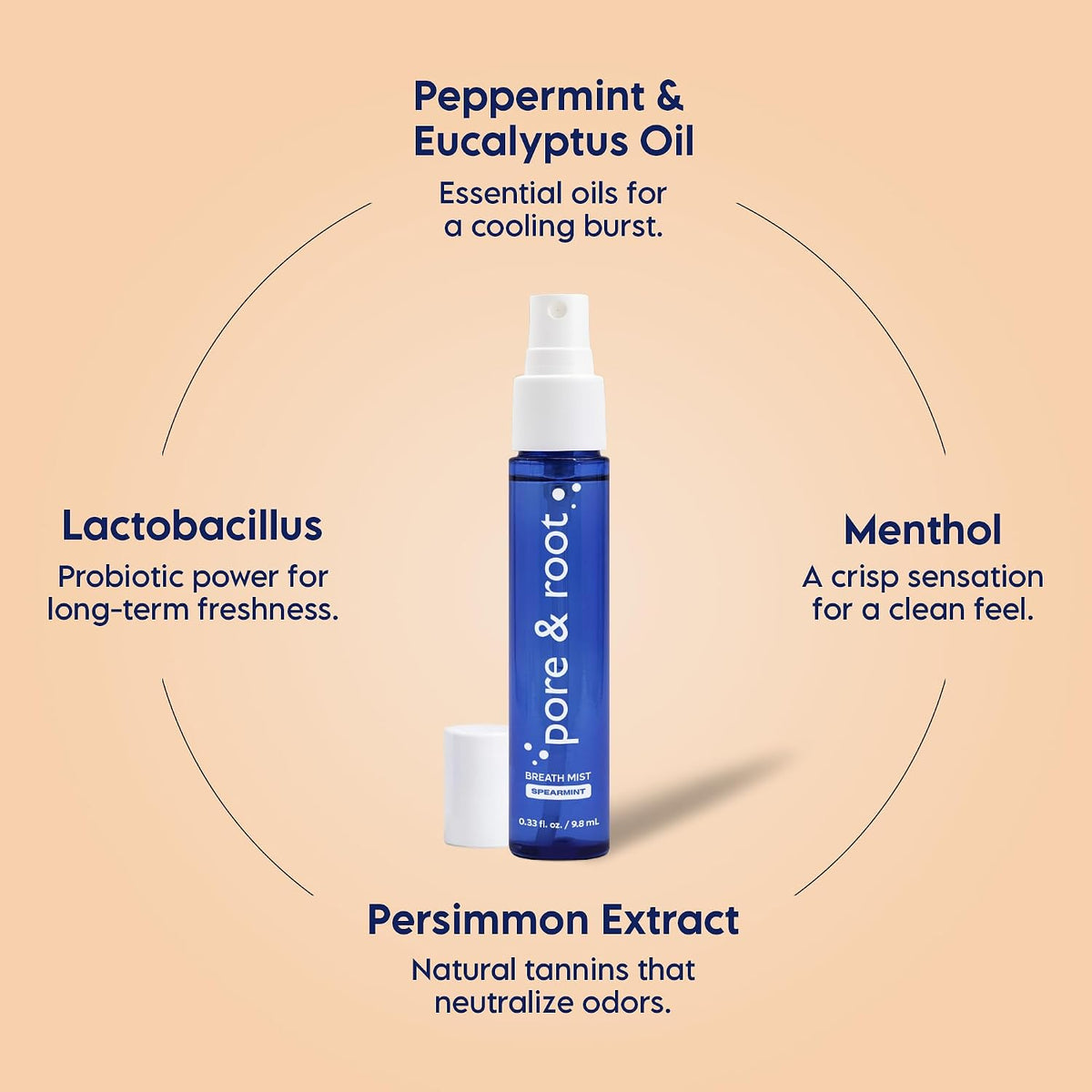 pore & root Breath Spray for Bad Breath – Spearmint Mouth Spray | 4 Bottles Travel Size (0.33 fl oz Each) | Fresh Breath Mist with Menthol & Persimmon