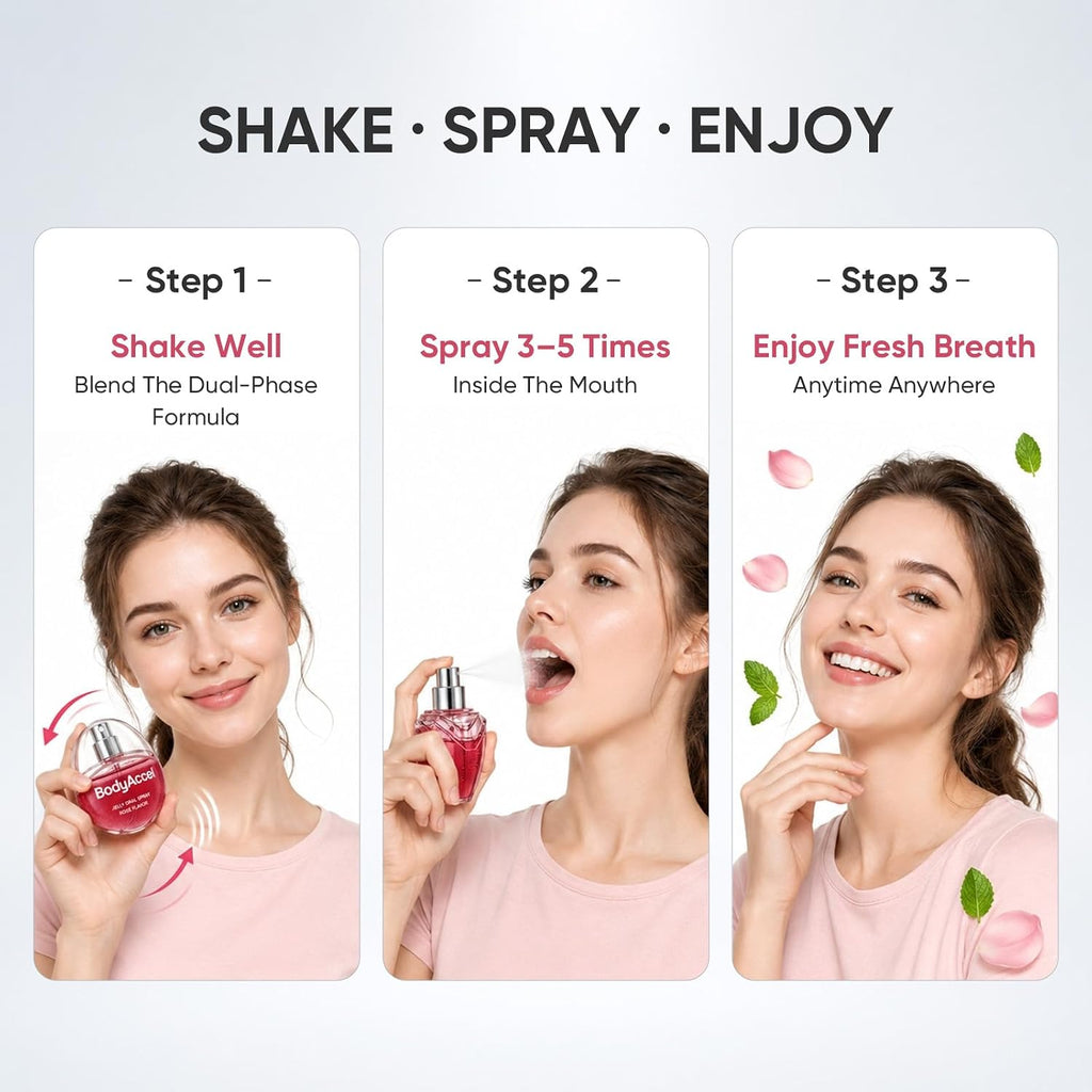 BodyAccel Jelly Oral Spray for Fresh Breath, Alcohol-Free Breath Spray with Probiotics, Refreshing Rose Mint Mouth Spray for Everyday Oral Care, Pocket Size Breath Freshener, Travel-Friendly, 28 mL