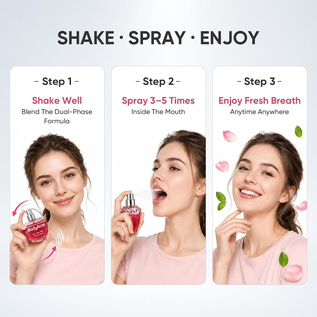 BodyAccel Jelly Oral Spray for Fresh Breath, Alcohol-Free Breath Spray with Probiotics, Refreshing Rose Mint Mouth Spray for Everyday Oral Care, Pocket Size Breath Freshener, Travel-Friendly, 28 mL