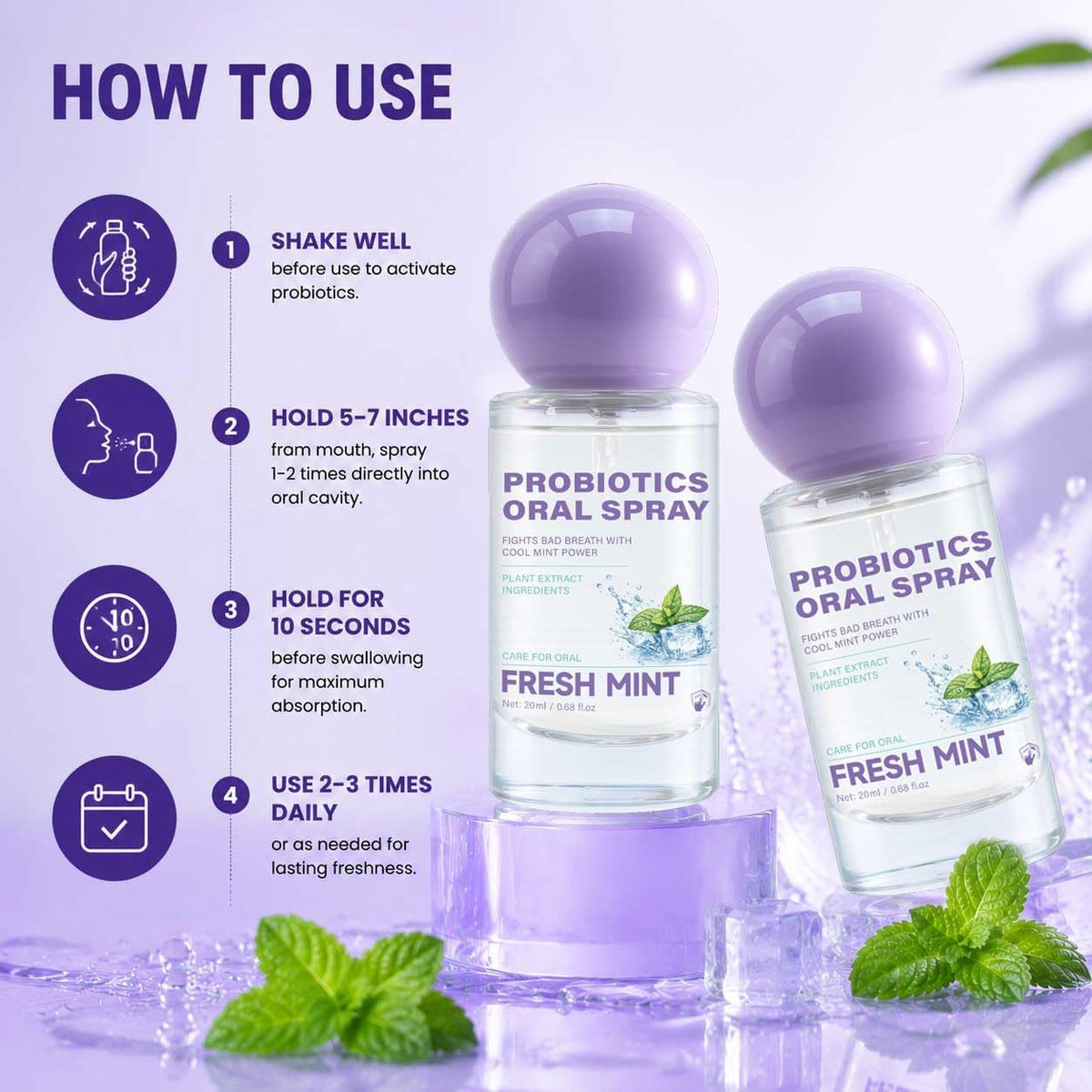Probiotic Oral Spray for Long-Lasting Cool Freshness,Travel-Sized 0.68oz