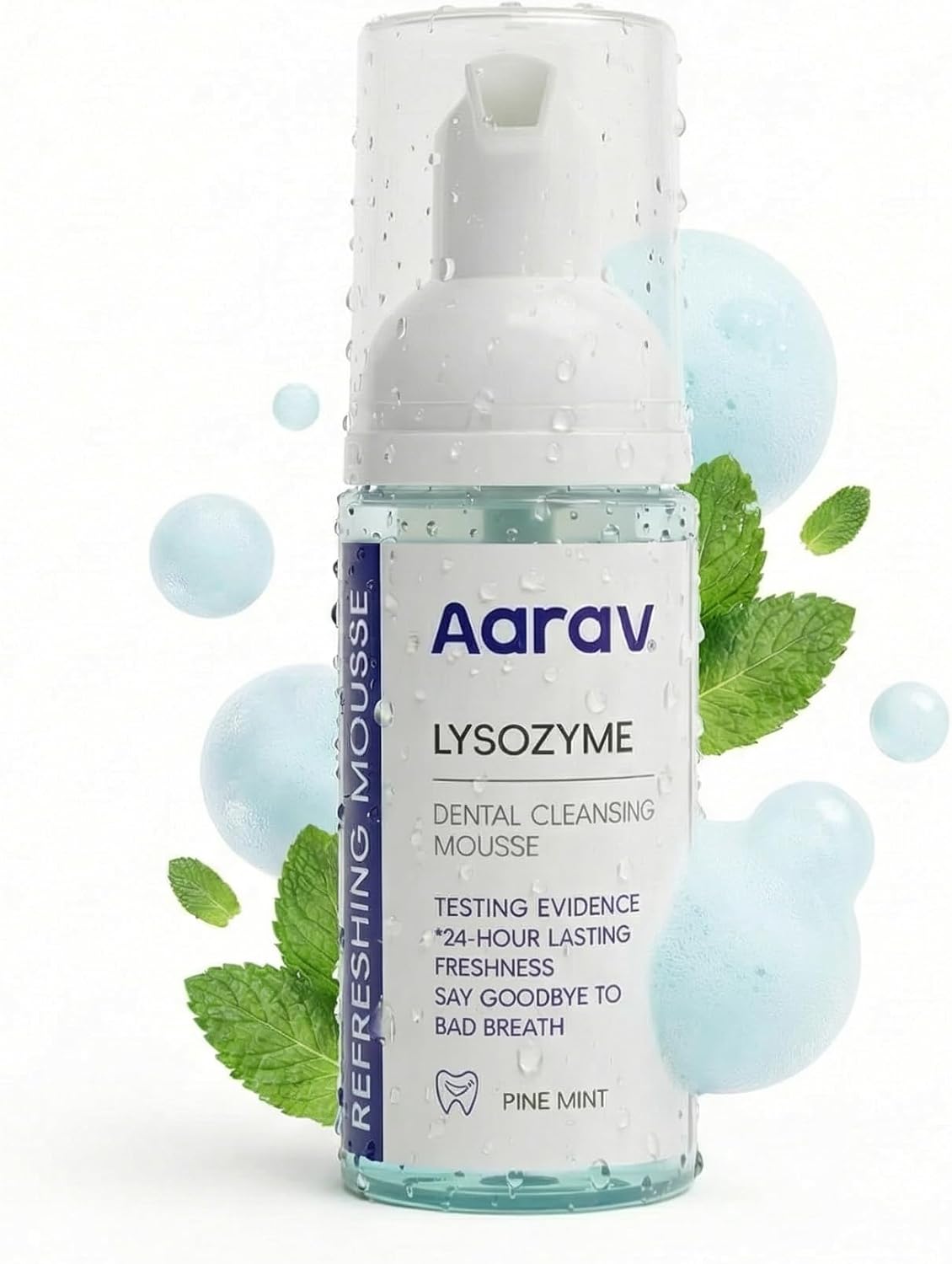 Aarav Lysozyme Dental Cleansing Mousse, No-Rinse Foam Mouthwash, 24-Hour Fresh Breath, Pine Mint Flavor