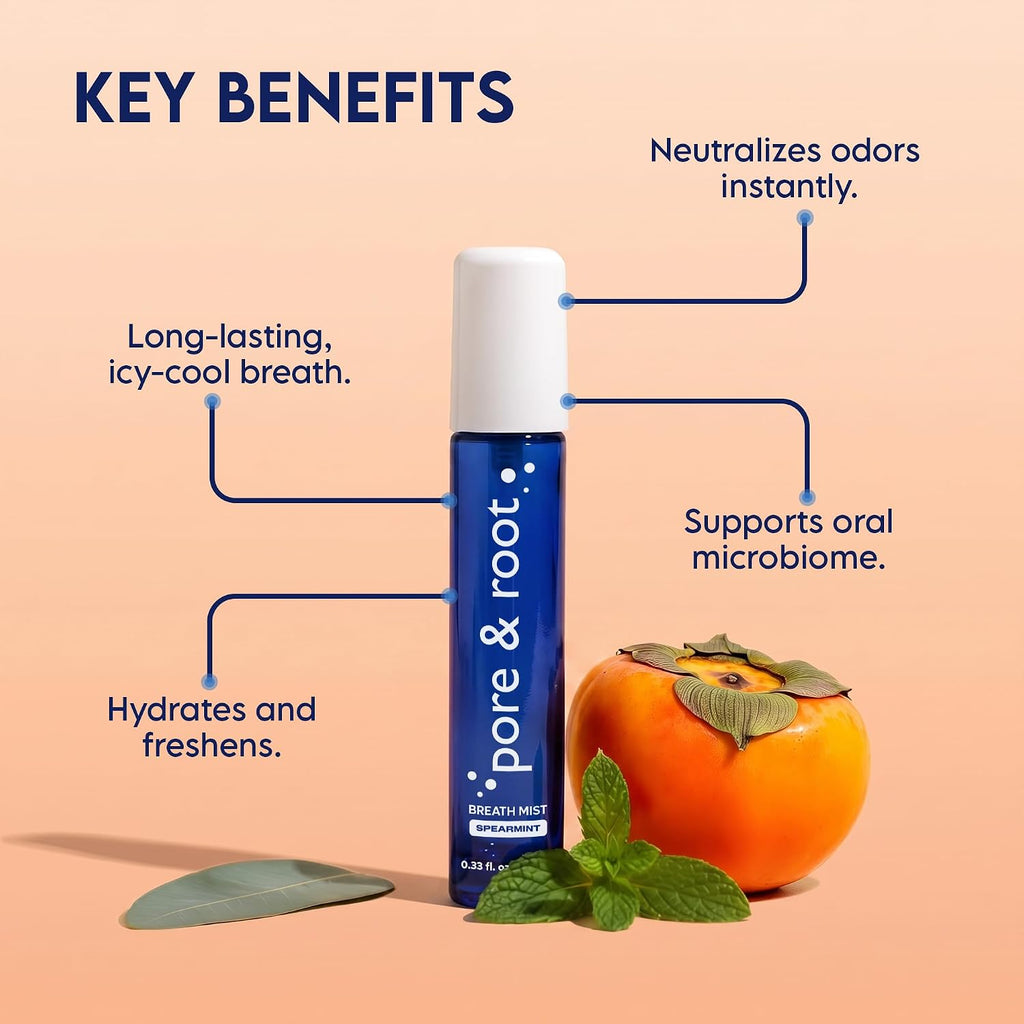pore & root Breath Spray for Bad Breath – Spearmint Mouth Spray | 4 Bottles Travel Size (0.33 fl oz Each) | Fresh Breath Mist with Menthol & Persimmon