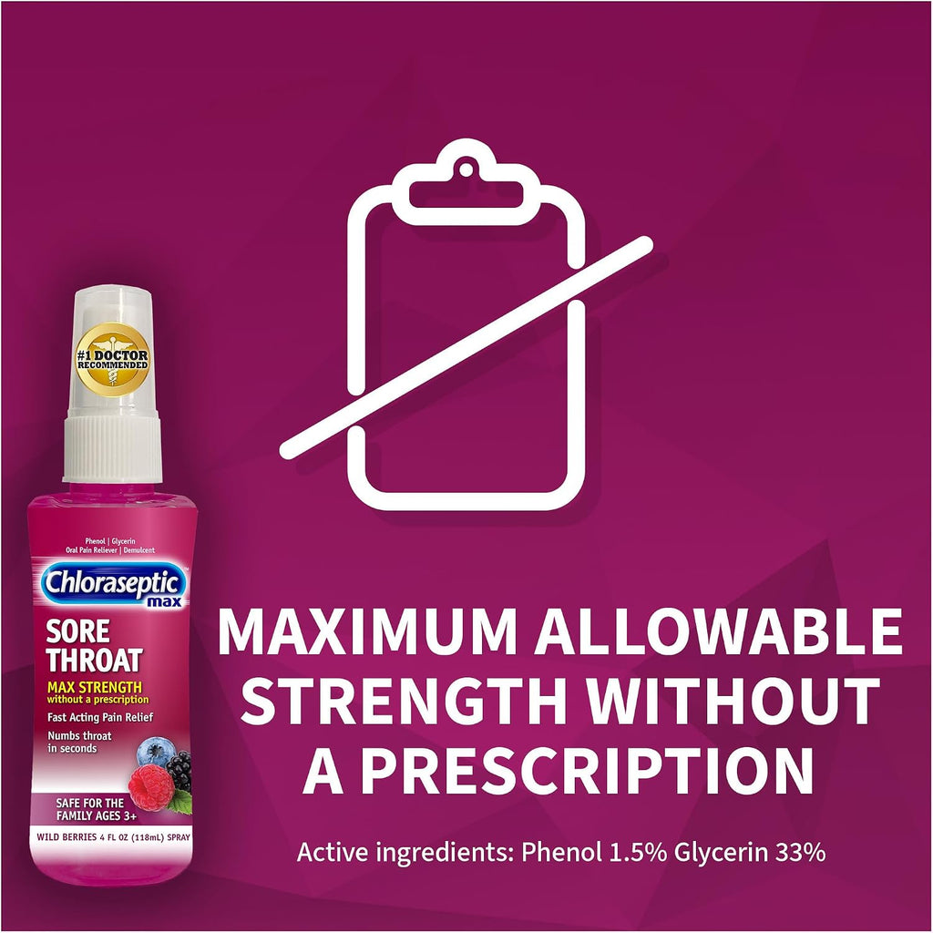 Chloraseptic Max Strength Sore Throat Spray, Sugar-Free Wild Berry, 4 Fl Oz