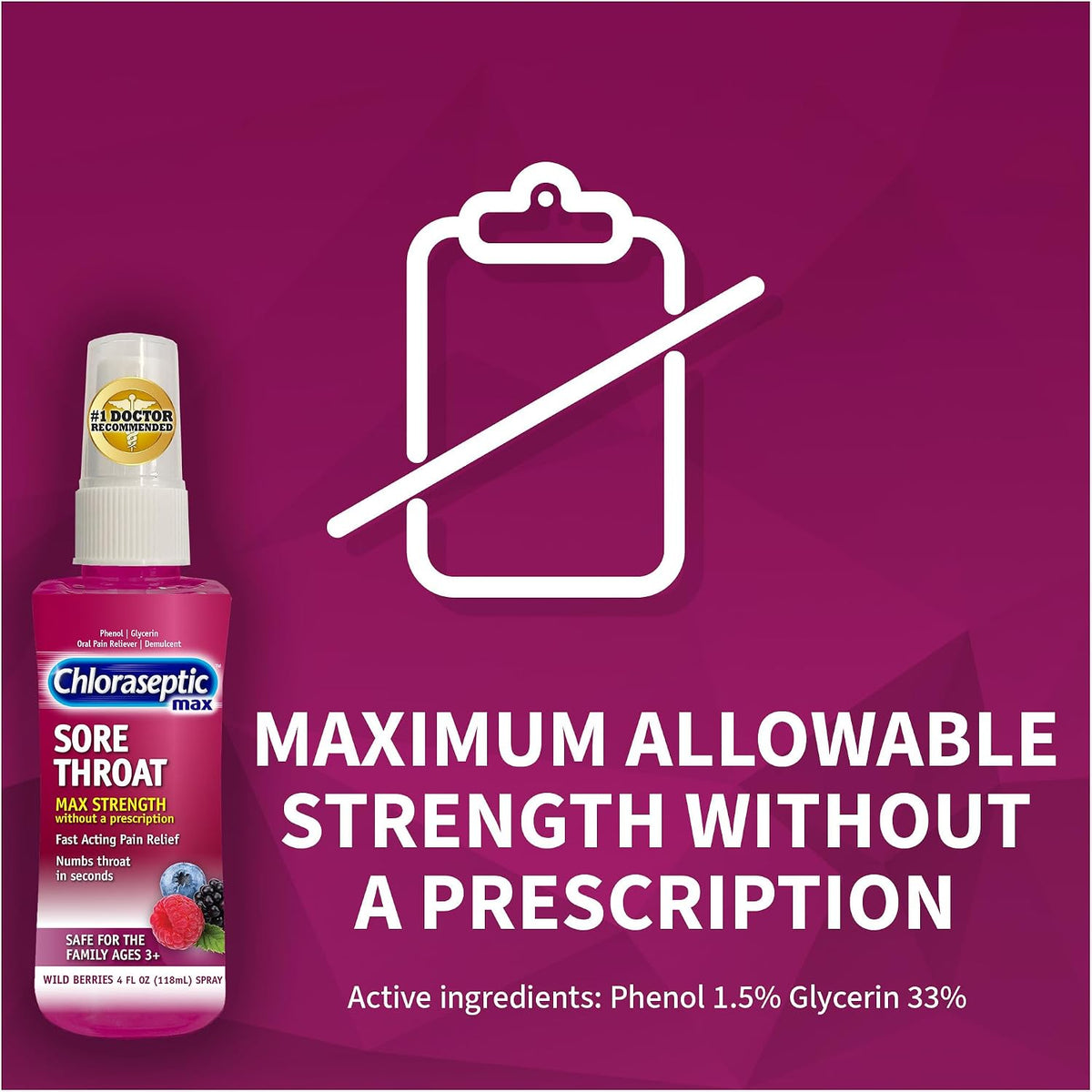 Chloraseptic Max Strength Sore Throat Spray, Sugar-Free Wild Berry, 4 Fl Oz