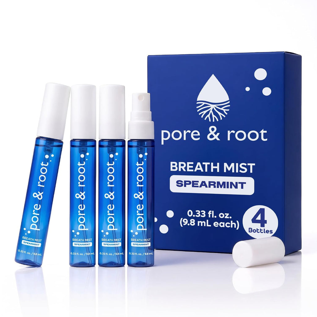 pore & root Breath Spray for Bad Breath – Spearmint Mouth Spray | 4 Bottles Travel Size (0.33 fl oz Each) | Fresh Breath Mist with Menthol & Persimmon