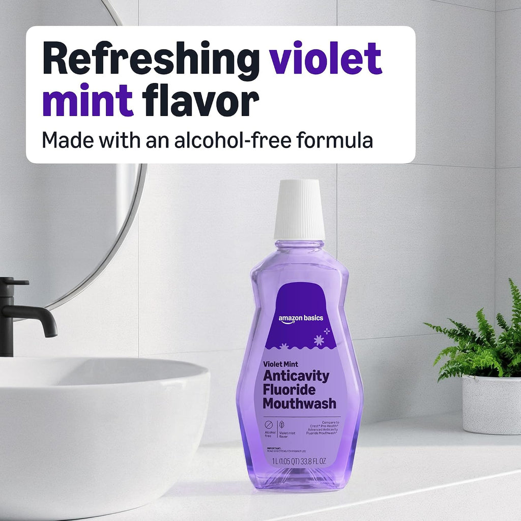 Amazon Basics Anticavity Fluoride Mouthwash, Alcohol Free, Violet Mint, 1 Liter, 33.8 Fluid Ounces, 1-Pack, Packaging May Vary