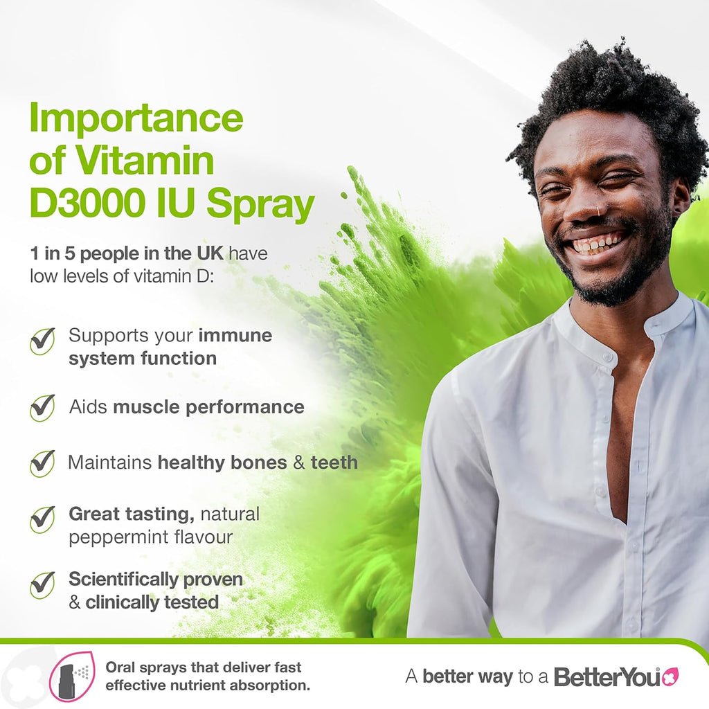 BetterYou D3000 Vitamin D Oral Spray - Convenient Alternative for Tablets - Promotes Strong Bones, Teeth and Immune System - Aids in Calcium Absorption - Natural Peppermint Flavor - 0.5 oz
