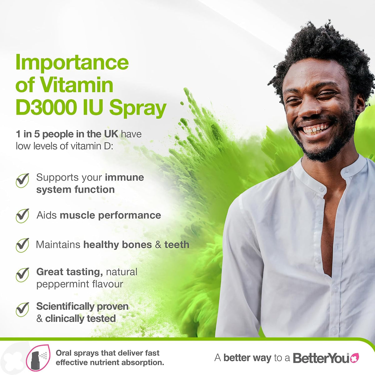 BetterYou D3000 Vitamin D Oral Spray - Convenient Alternative for Tablets - Promotes Strong Bones, Teeth and Immune System - Aids in Calcium Absorption - Natural Peppermint Flavor - 0.5 oz