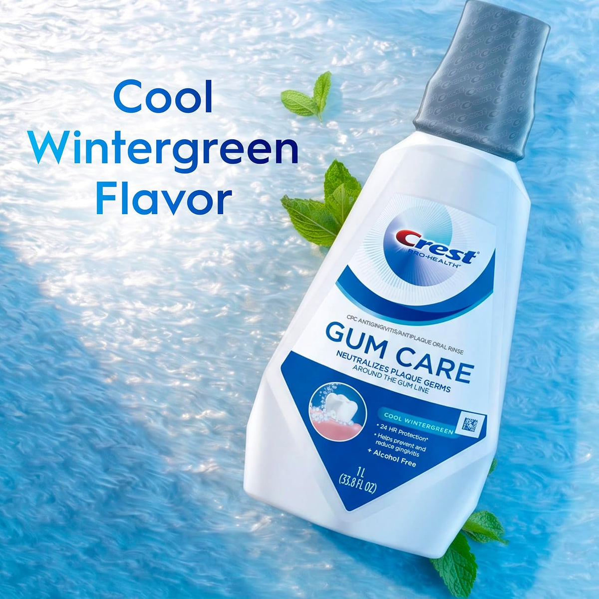 Crest Gum Care Mouthwash, Cool Wintergreen, CPC Antigingivitis/Antiplaque Oral Rinse 1L (33.8 fl oz), Pack of 2, Alcohol Free for Adults