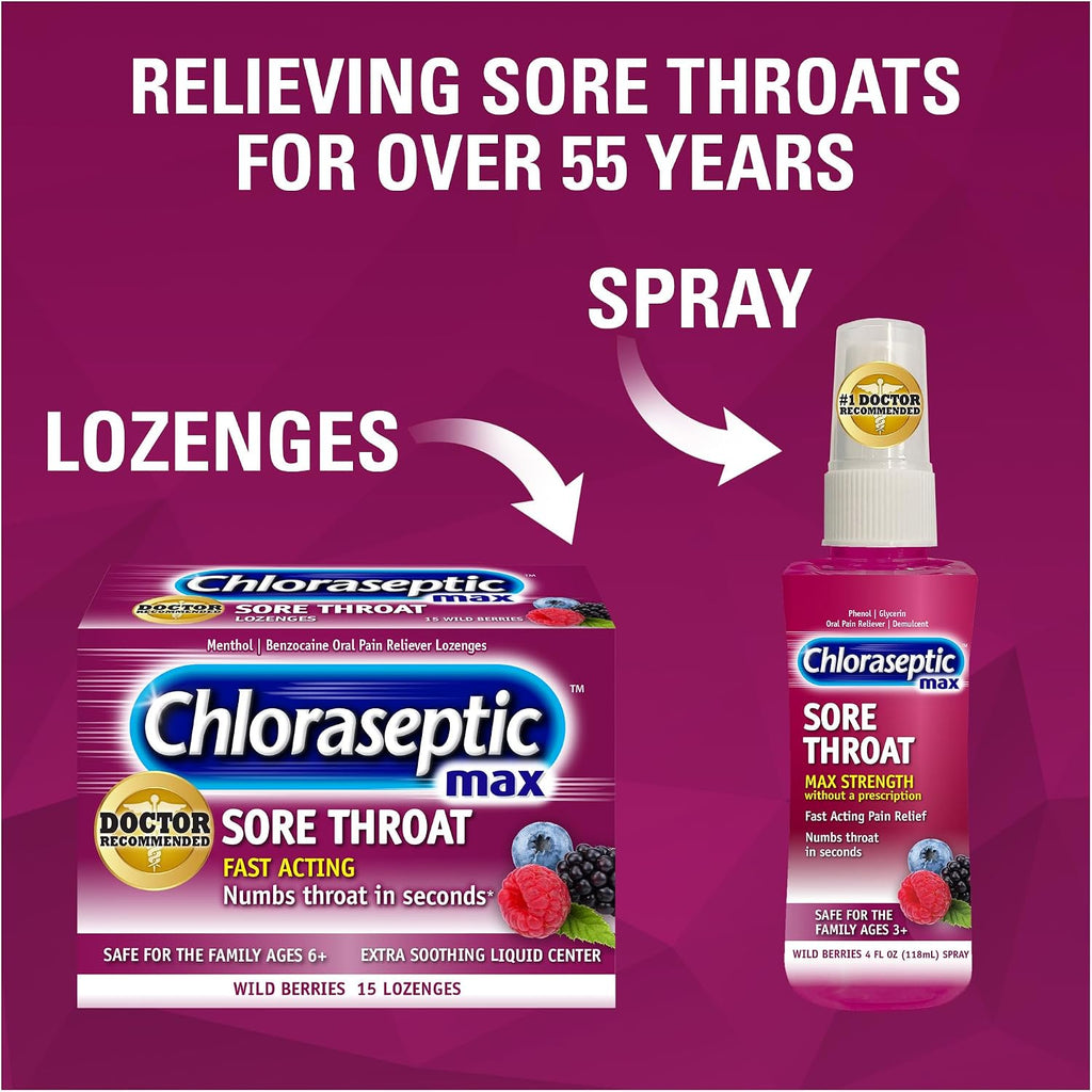 Chloraseptic Max Strength Sore Throat Spray, Sugar-Free Wild Berry, 4 Fl Oz