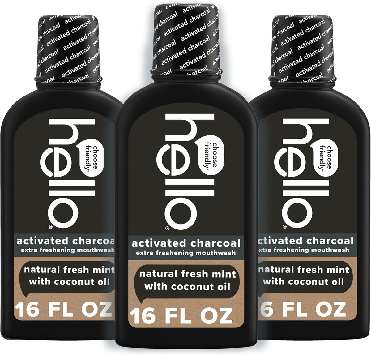 Hello Activated Charcoal Extra Freshening Mouthwash, Natural Fresh Mint and Coconut Oil, Fluoride Free, Alcohol Free, Vegan, SLS Free and Gluten Free, 16 Fl Oz (Pack of 3)