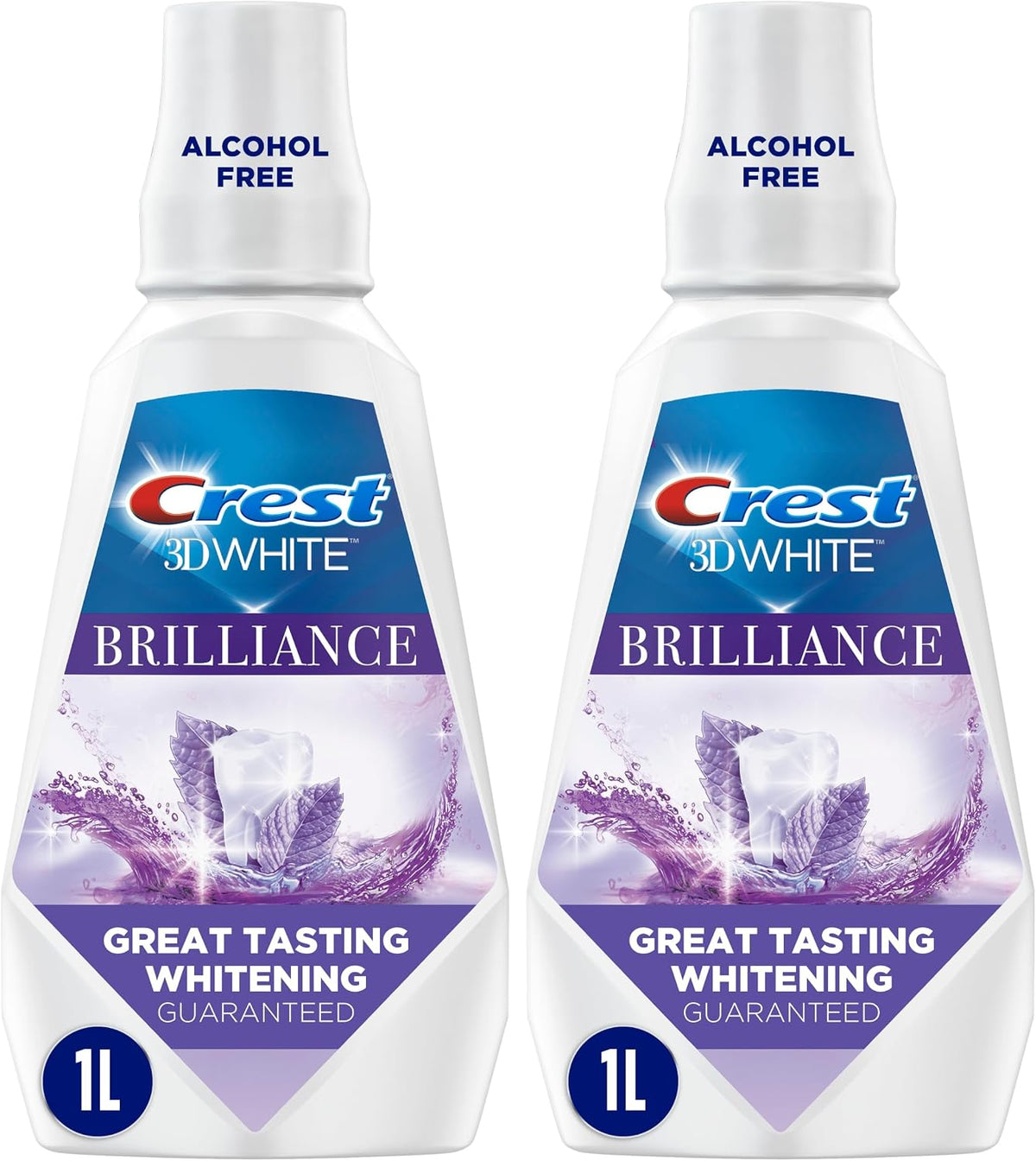 Crest Mouthwash/Mouth Rinse, 3D White Brilliance Whitening, Alcohol Free, Clean Mint, 2x1L (33.8 fl oz)