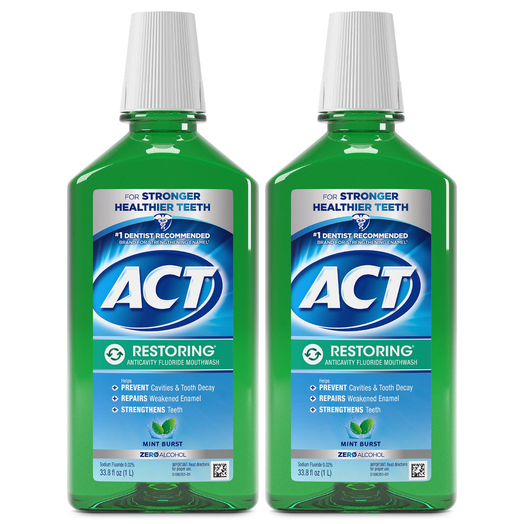 ACT Restoring Zero Alcohol Fluoride Mouthwash 33.8 fl. oz. Strengthens Tooth Enamel, Mint Burst