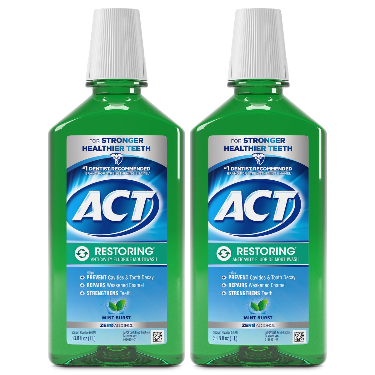 ACT Restoring Zero Alcohol Fluoride Mouthwash 33.8 fl. oz. Strengthens Tooth Enamel, Mint Burst